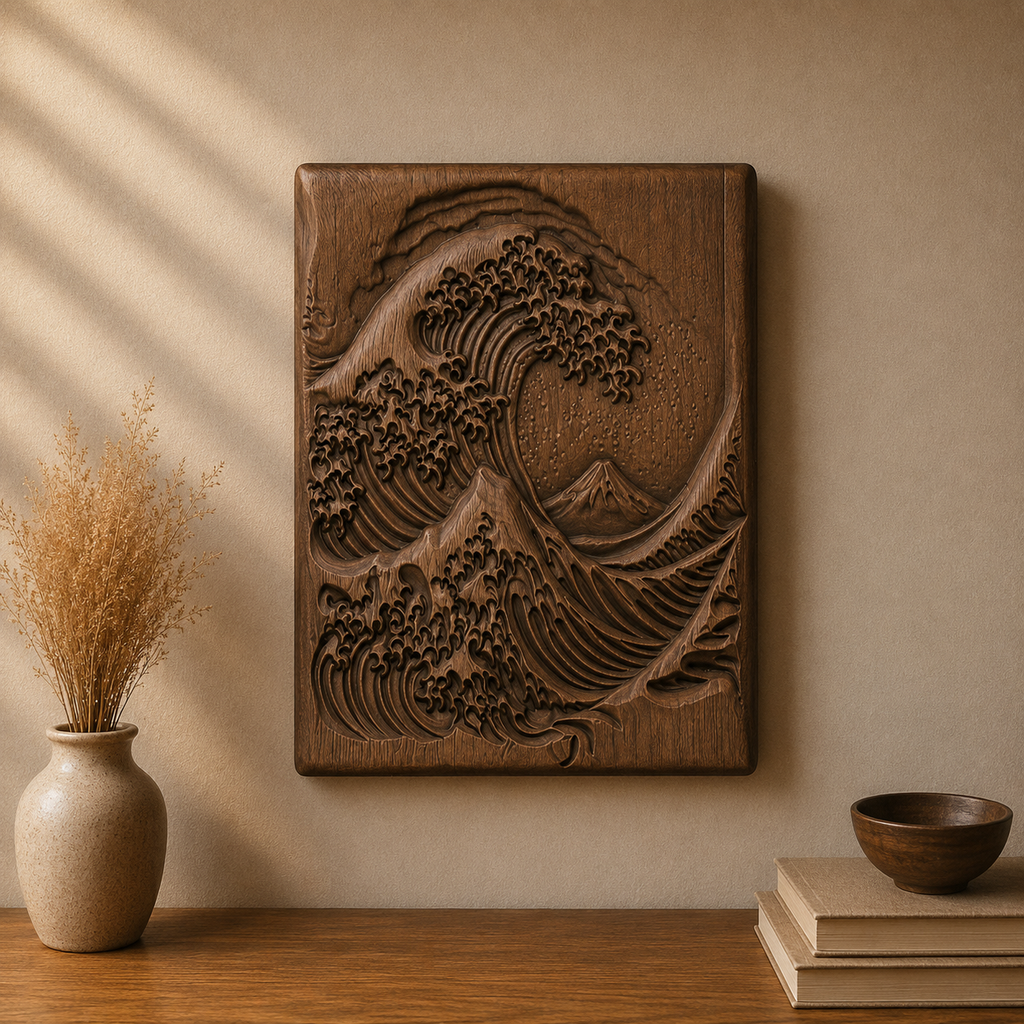 Japanese Great Wave 3D Relief STL File, Ocean Wave CNC Carving Model, Hokusai Style Wall Art Panel, Oriental Decor, Router Engraving 3D Print Digital Download