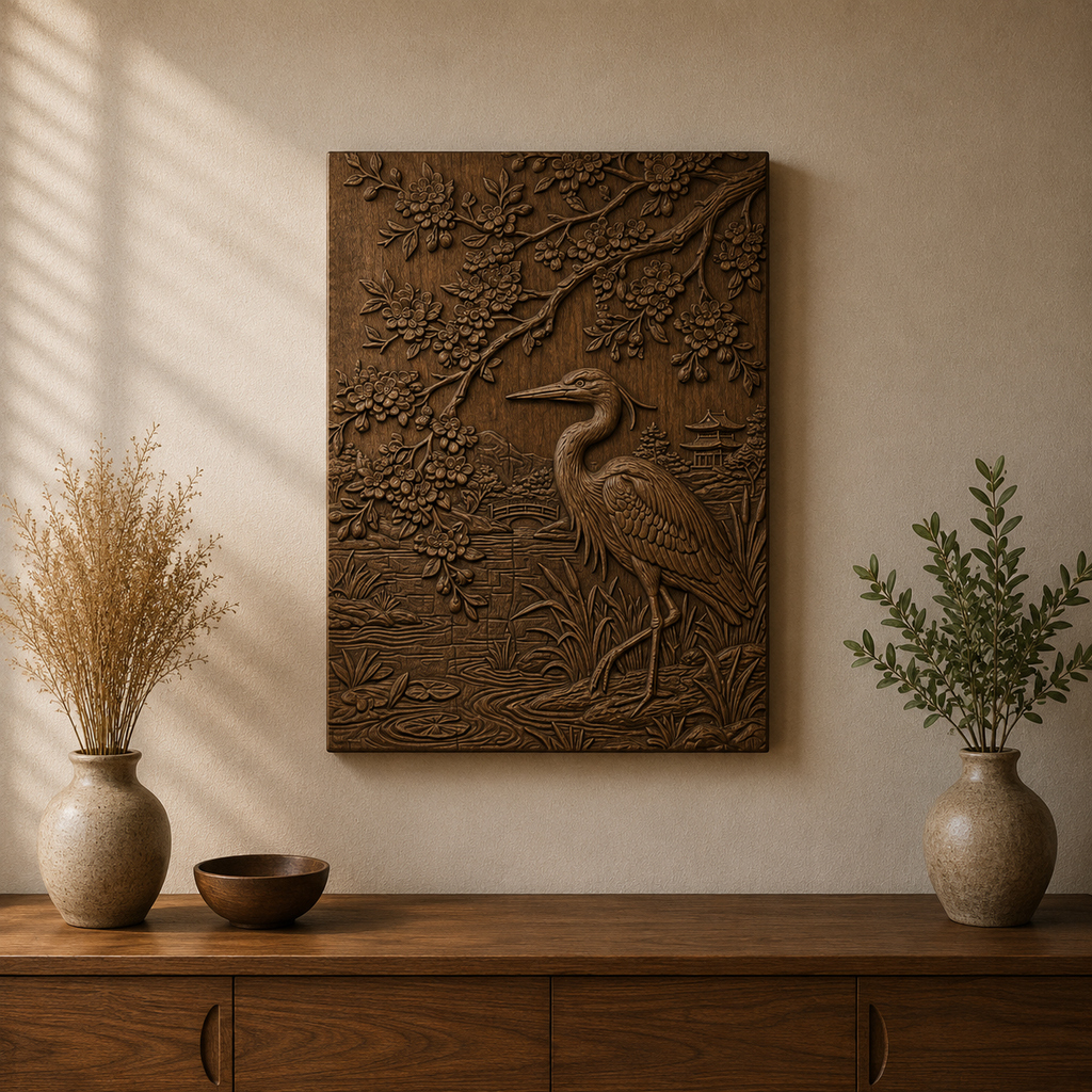Japanese Crane Sakura 3D Relief STL File, Bird CNC Carving Digital Download