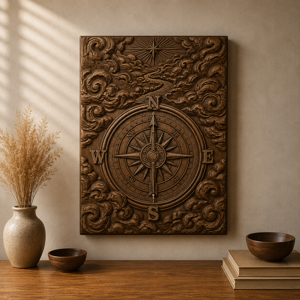 Compass North Star 3D Relief STL File, Nautical CNC Carving Digital Download