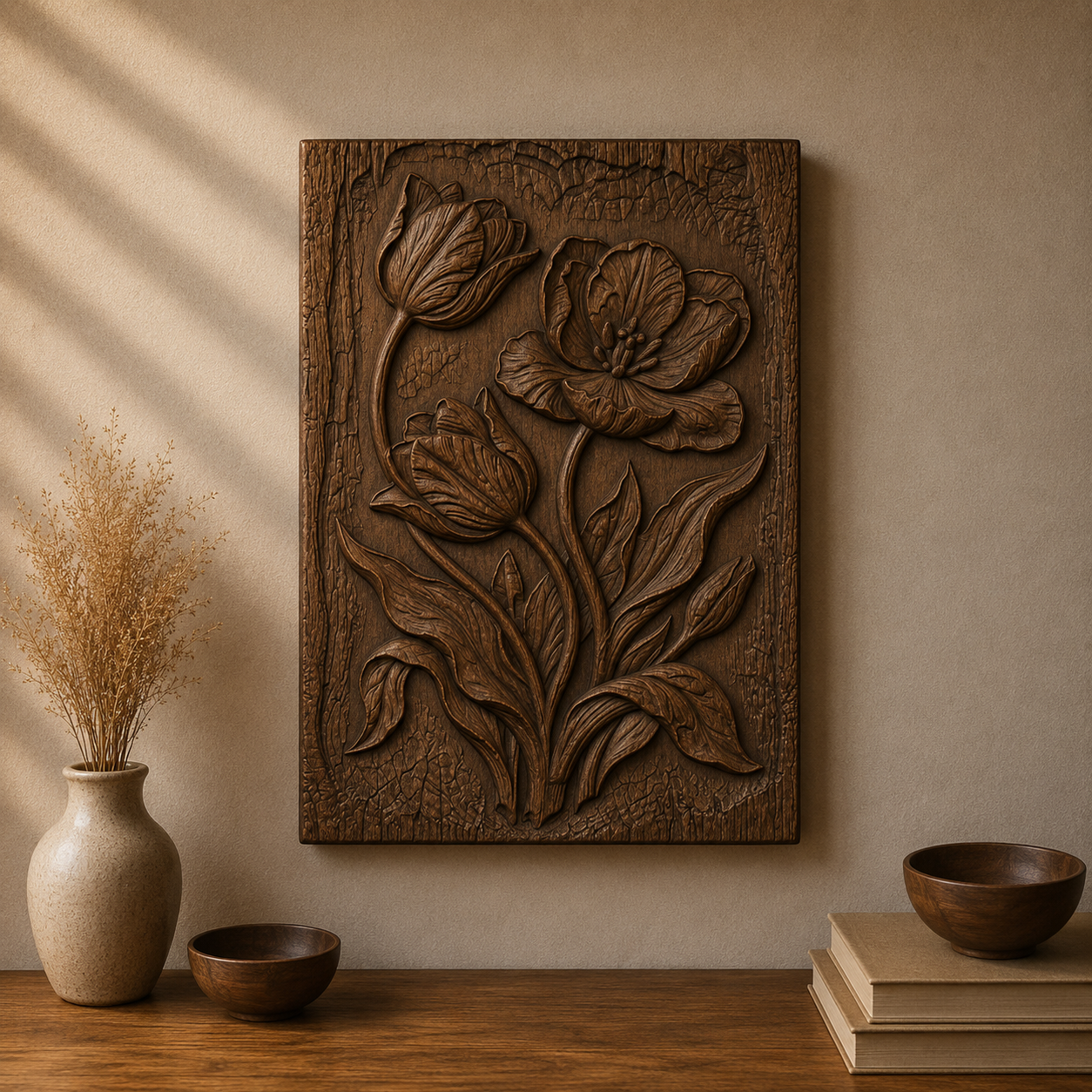 Tulip Flowers 3D Relief STL File, Floral CNC Carving Model, Botanical Wall Art Panel, Spring Decor, Router Engraving 3D Print