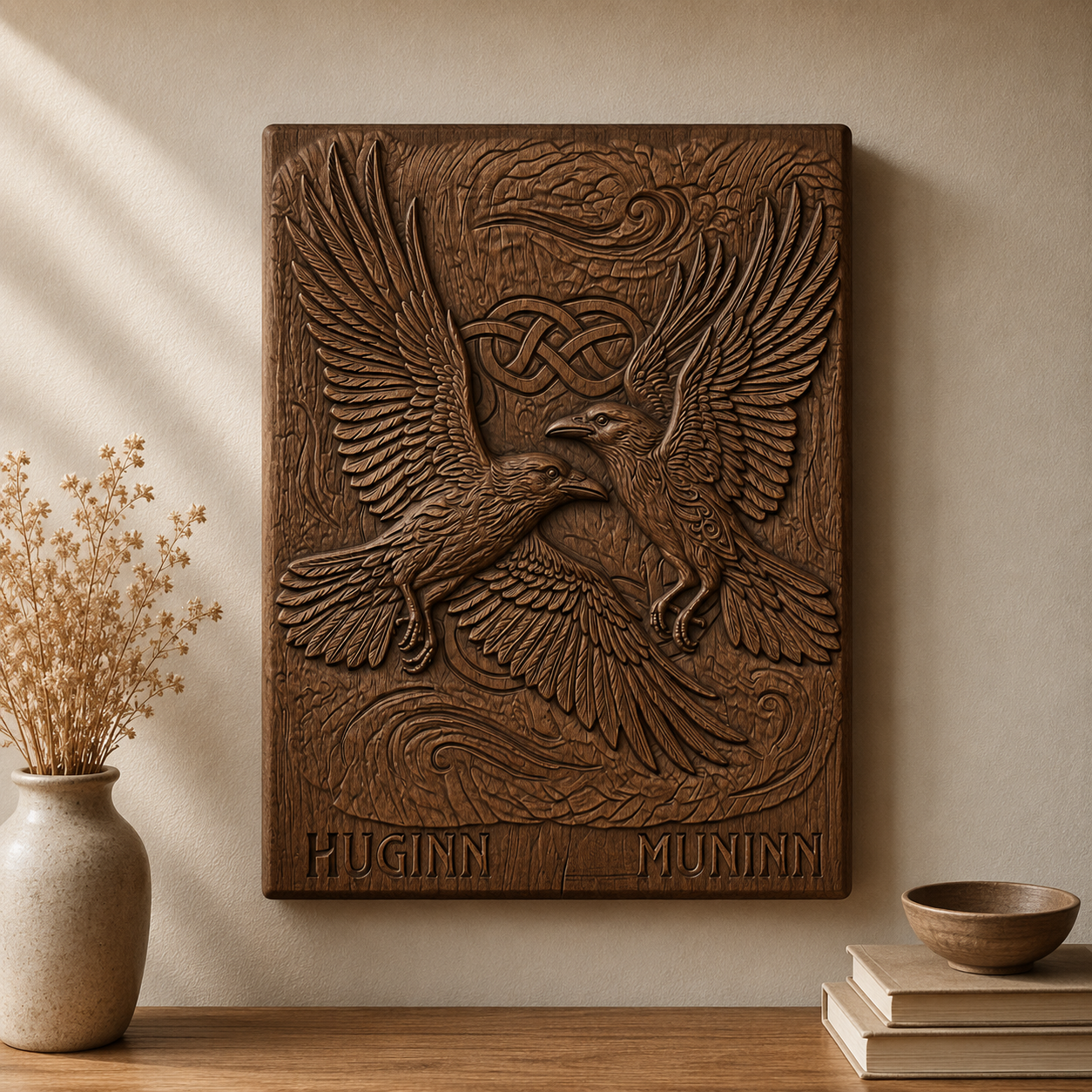 Huginn Muninn Ravens 3D Relief STL File, Norse Viking CNC Carving Digital Download