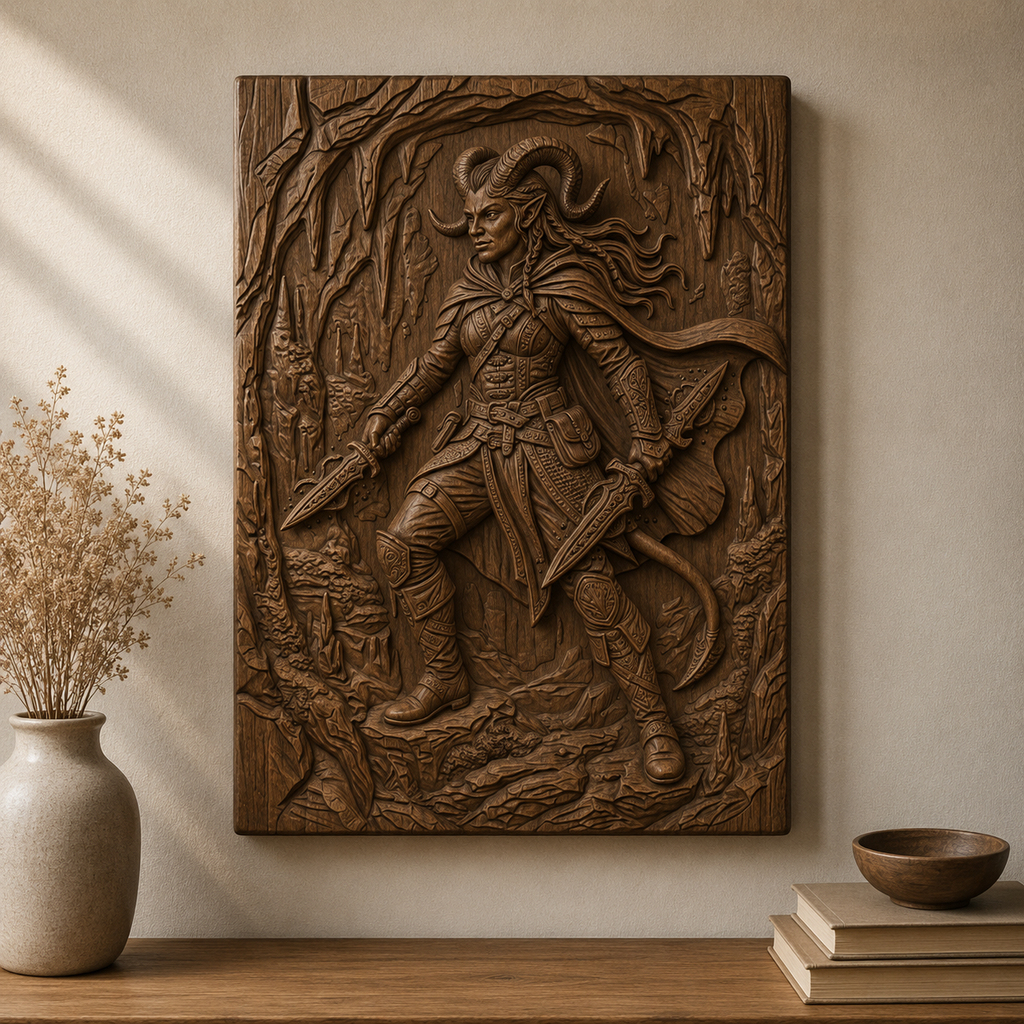 Tiefling Rogue Assassin 3D Relief STL File, DND Fantasy CNC Carving Digital Download