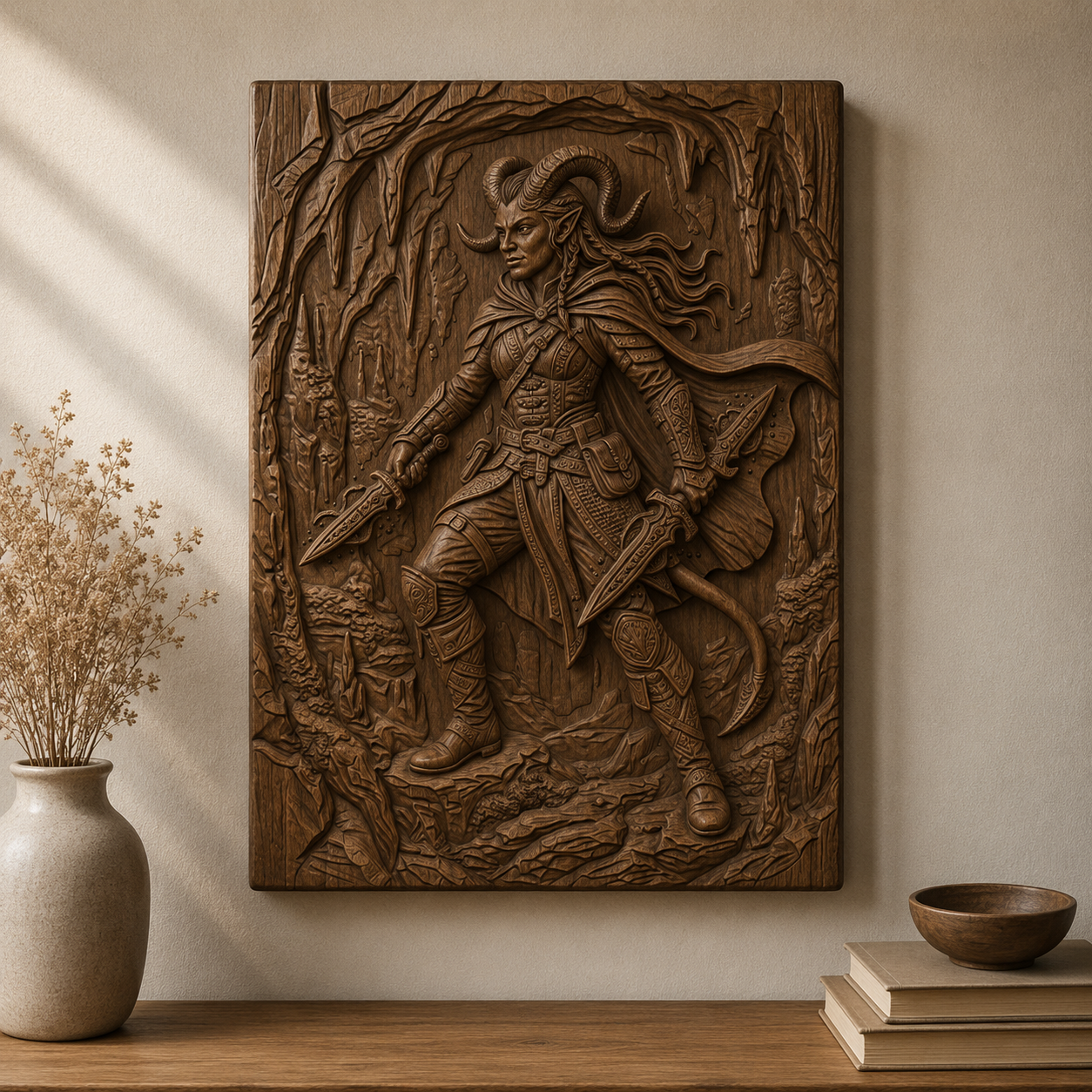 Tiefling Rogue Assassin 3D Relief STL File, DND Fantasy CNC Carving Digital Download
