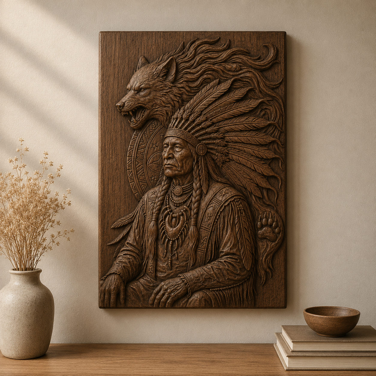 Native American Chief Wolf Spirit 3D Relief STL File, Wildlife CNC Carving Digital Download