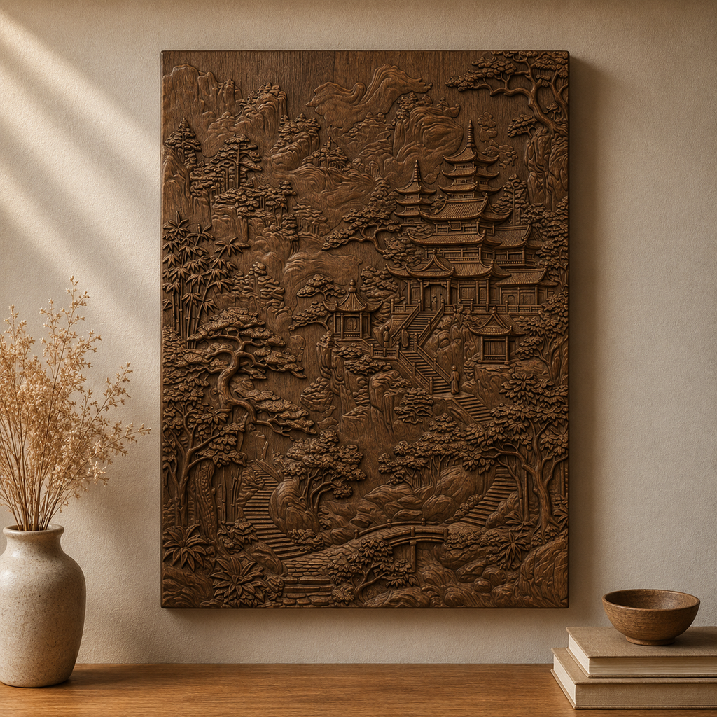 Japanese Temple Mountain Forest 3D Relief STL File, Asian CNC Carving Digital Download