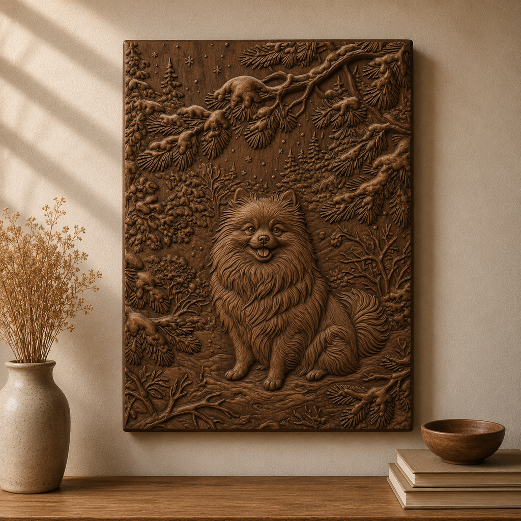 Pomeranian Winter Woodland 3D Relief STL File, Dog CNC Carving Digital Download